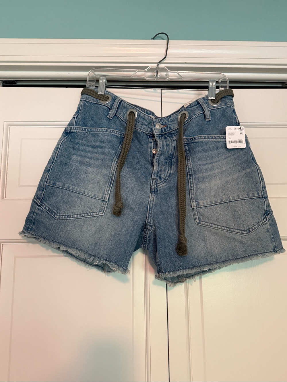 Free People MOXIE Light Blue Denim Jean Shorts with Olive Drawstring - Picture 2 of 8